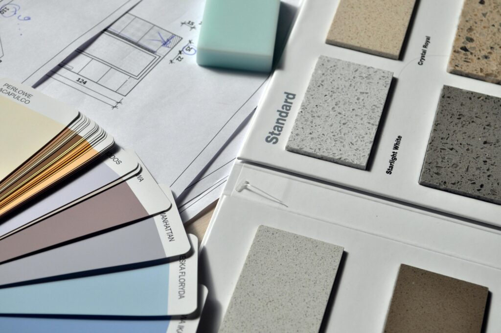 the-interior-of-the-repair-interior-design-159045-159045 Color palette and material samples for interior renovation projects on a blueprint.